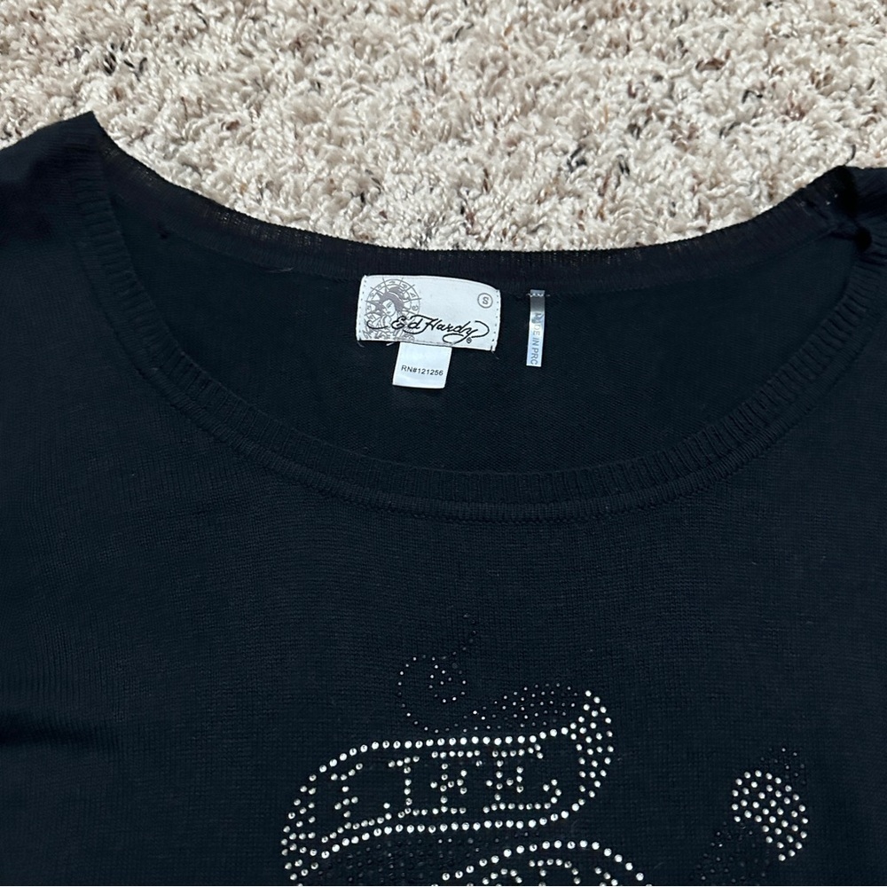 Ed Hardy Black Rhinestone Tattoo Tunic Sweater Women’s Size Small Y2K SK8 Fitted - Picture 5 of 16